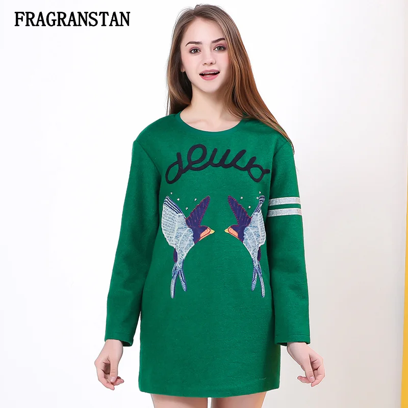 

Female 2019 Spring Autumn New O-Neck Green Sweatshirts Women Fashion Letter Bird Printed Pullovers Casual High Quality Top JQ392