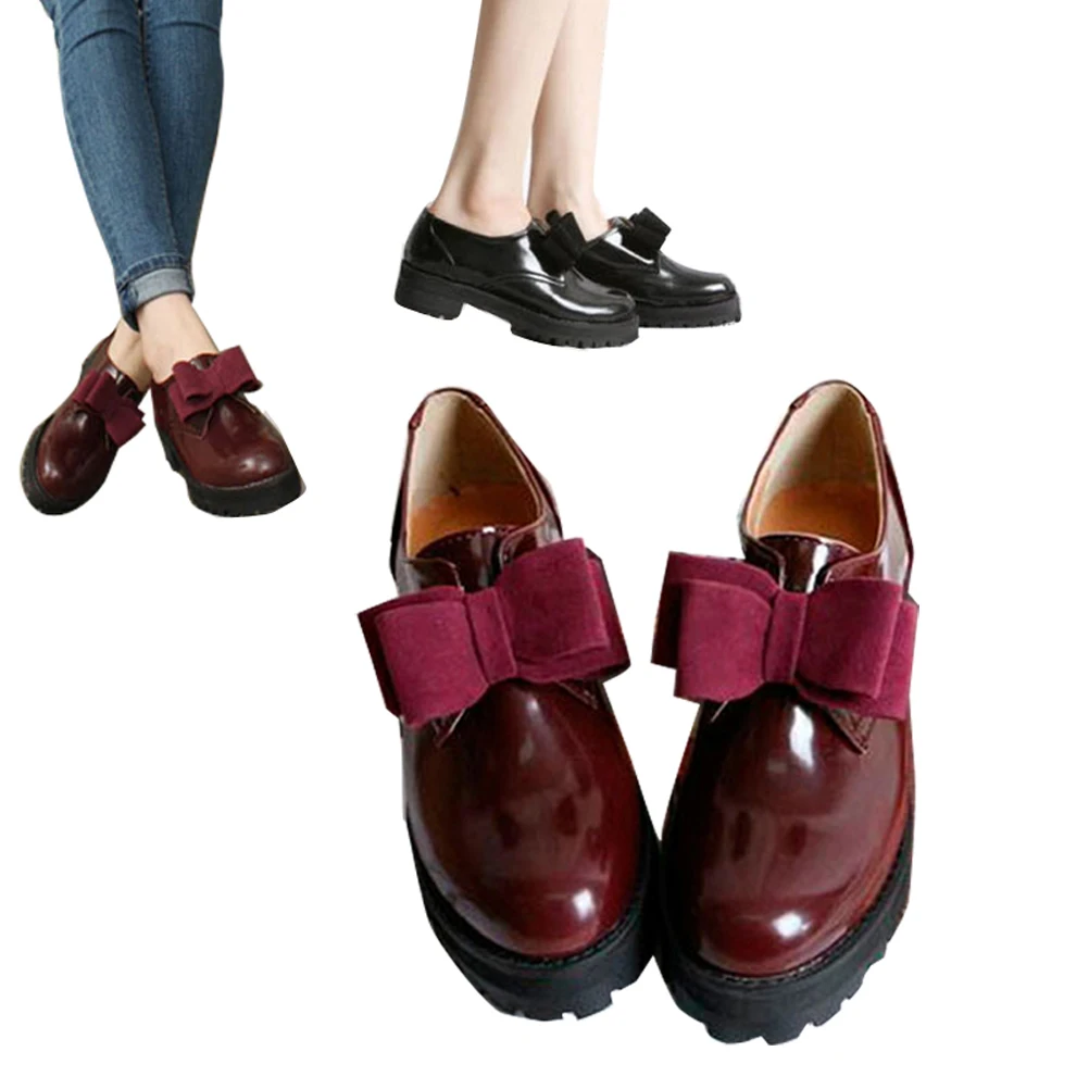 

New Brand Women PU Leather Shoes Bow Sweet Crude Retro Flats Patent Round Toe Student Fashion Girls Singles College Shoes