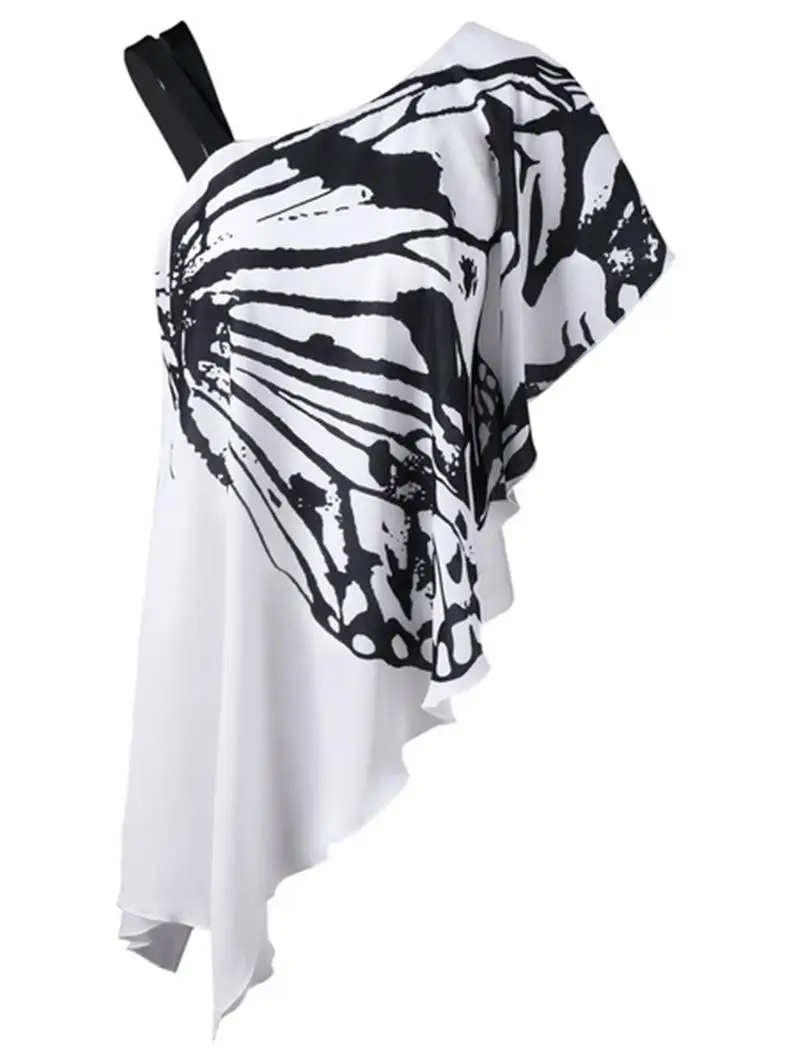 

Plus Size Lady Top Tees Summer Sexy One-Shoulder Butterfly Printed Asymmetric Party Club Wearing Women Shirt LJ9979Y