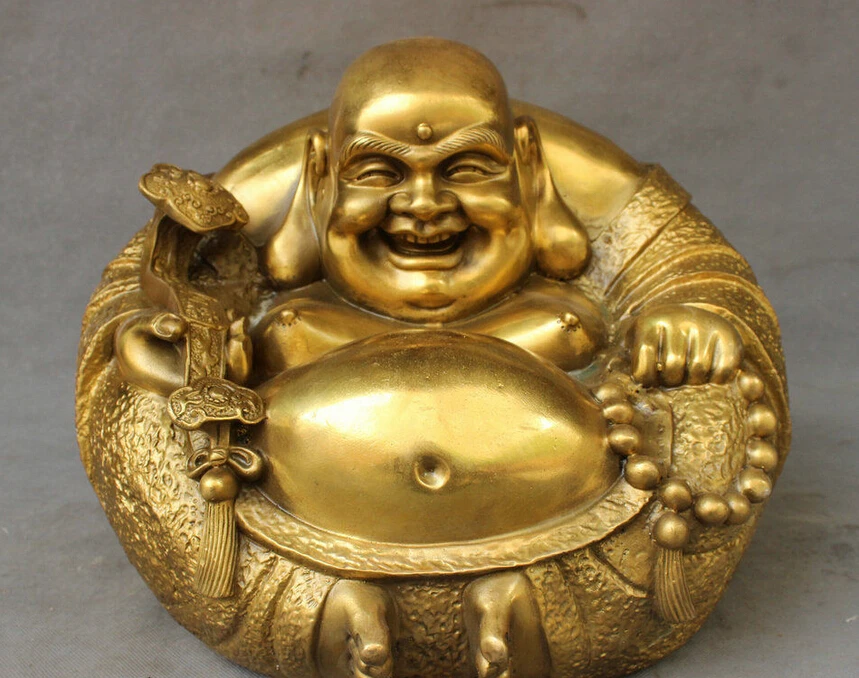 

14" Chinese Pure Brass Buddhism RuYi Happy Laugh Maitreya Buddha Statue Seat