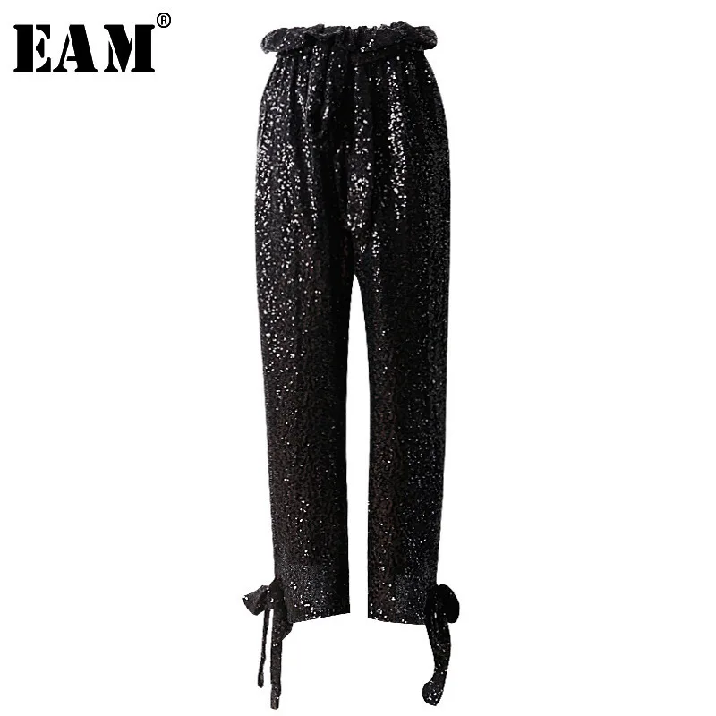 

[EAM] 2019 New Autumn Winter High Elastic Waist Black Sequins Pleated Stitch Loose Pants Women Trousers Fashion Tide JQ778