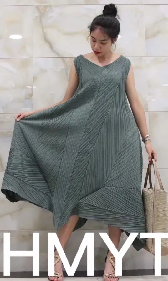 photo color Miyake Новое складное платье без рукавов с v-образным вырезом асимметричное однотонное платье - Цвет: photo color