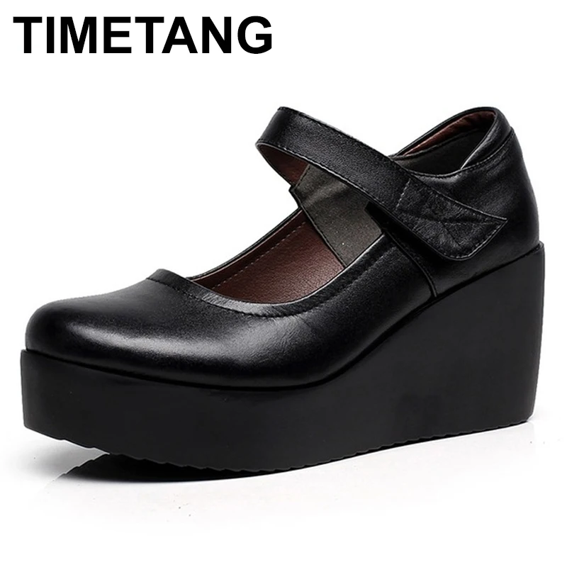 

TIMETANG 2018 Spring Genuine Leather Women Pumps Platform Wedges Round Toes Ankle Strap High Heel Women Shoes