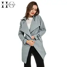 Hee Grand/Новые одноцветное Цвет Открыть стежка Повседневное Тренч Для женщин отложной воротник Длинные Стиль длинный рукав манто Femme WWF436