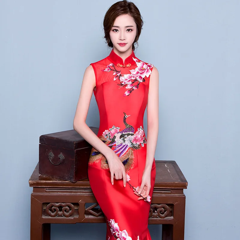 Red Mermaid Wedding Lace Traditional Dresses For Women Cheongsam Chinese Style Long Qipao Evening High Quality Satin