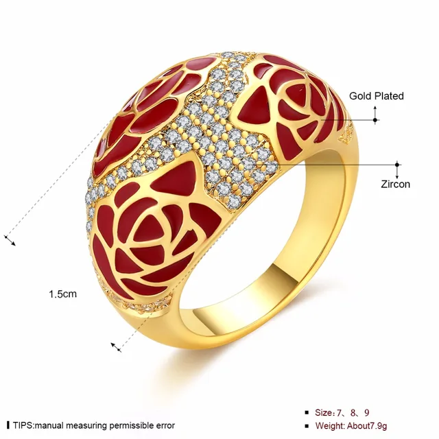CHUKUI Wholesale Simple Gold Jewelry Men Rings For Women Copper Wedding Band Red Enamel Rose Flower Crystal Rhinestone Ring