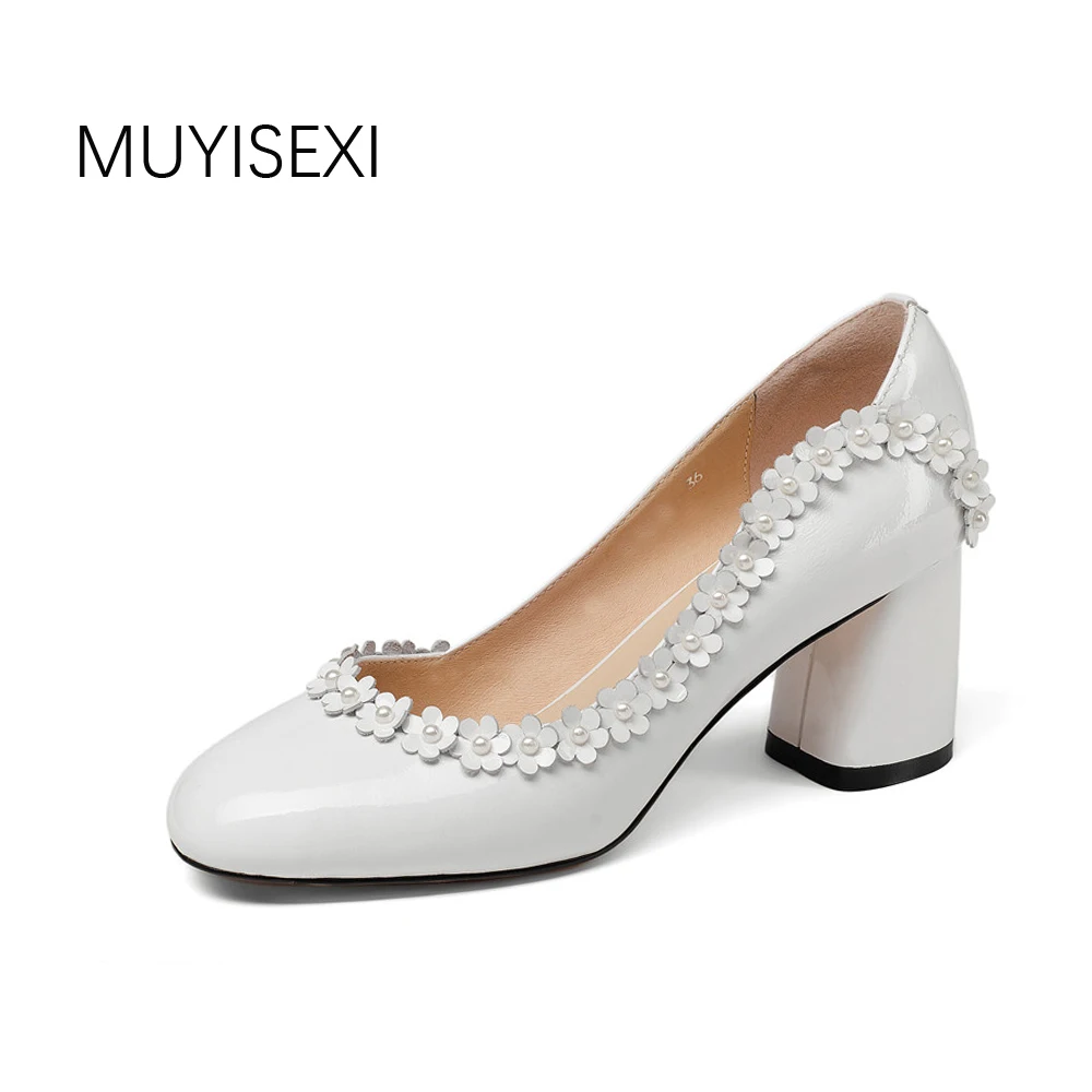 

High Quality Women Shoes High Heel White Genuine Leather with Flower Slip-on Square Heel Office Ladies Shoes FM03 MUYISEXI