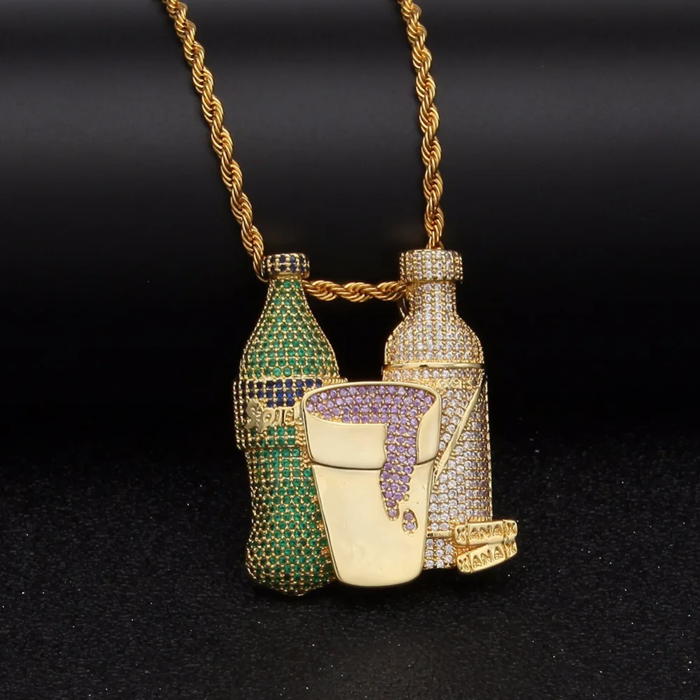 

Gold Zircon Rhinestone Sprite Beer Bottle Purple Cup Necklaces Men Women Bling Jewelry Chains Hip Hop Combo Icecream Pendants