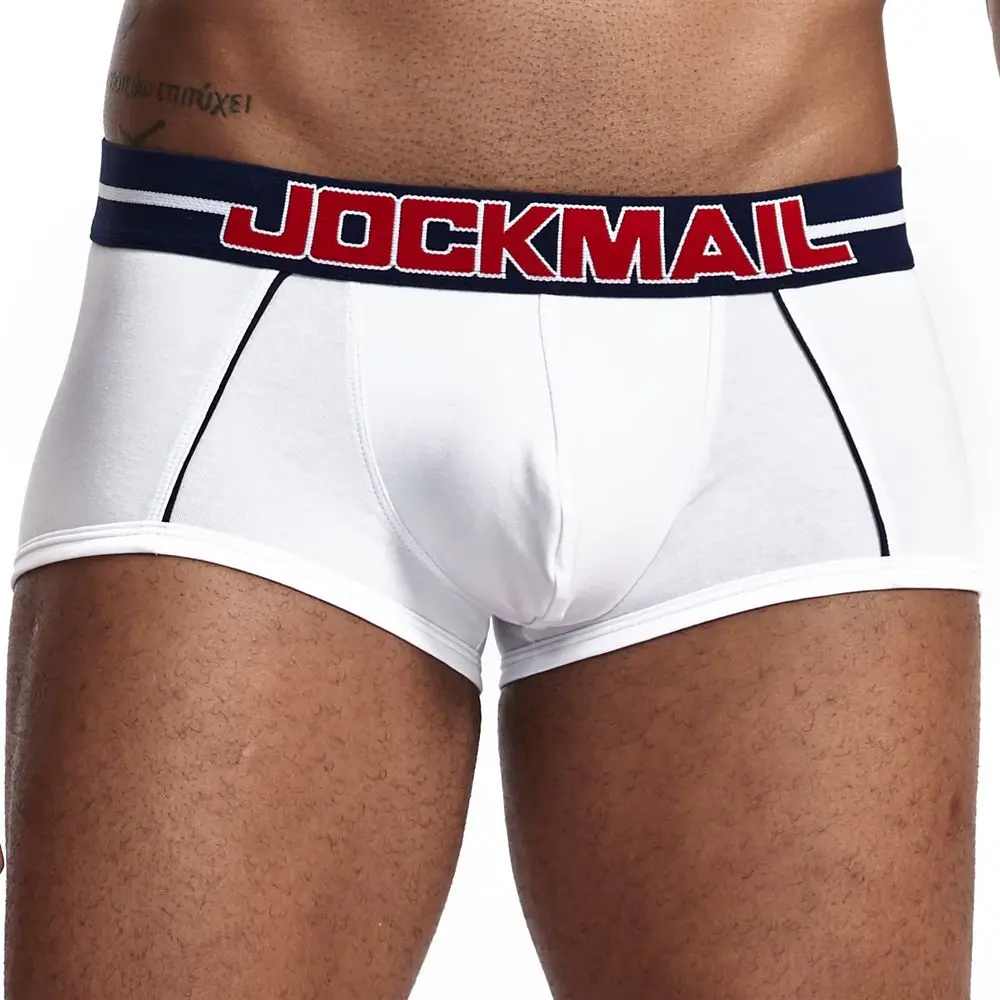 Бренд jockmail мужские трусы-шорты из хлопка сексуальное мужское нижнее белье, мужские трусы Шорты u-образной выпуклостью спереди для геев - Цвет: Белый
