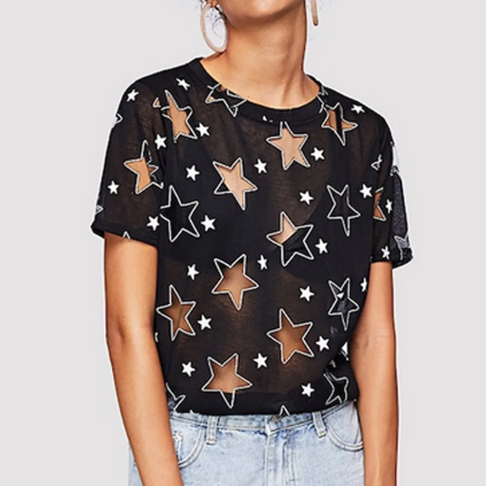

Camisas Mujer Women Blouses Short Sleeve Chiffon Casual XL Size Print Stars Loose Leisure Modis Hollow Cool Ladies Tops Sexy L*5