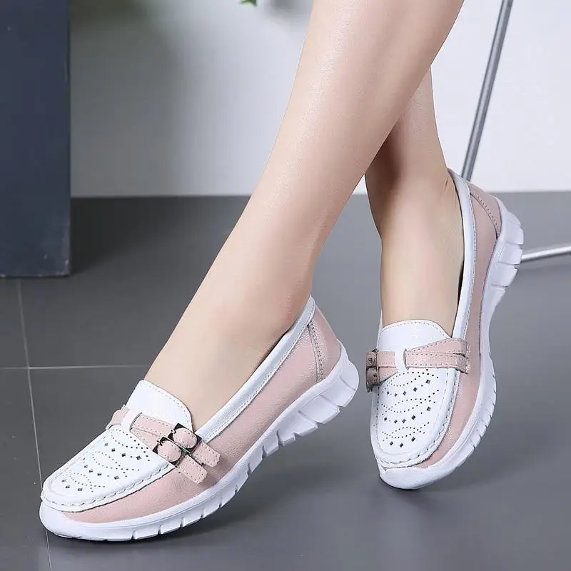 WDZKN Spring Summer Genuine Leather Slip On Casual Flat Shoes Women Loafers Fashion Buckle Comfortable Sneakers Women Shoes - Цвет: White-Pink