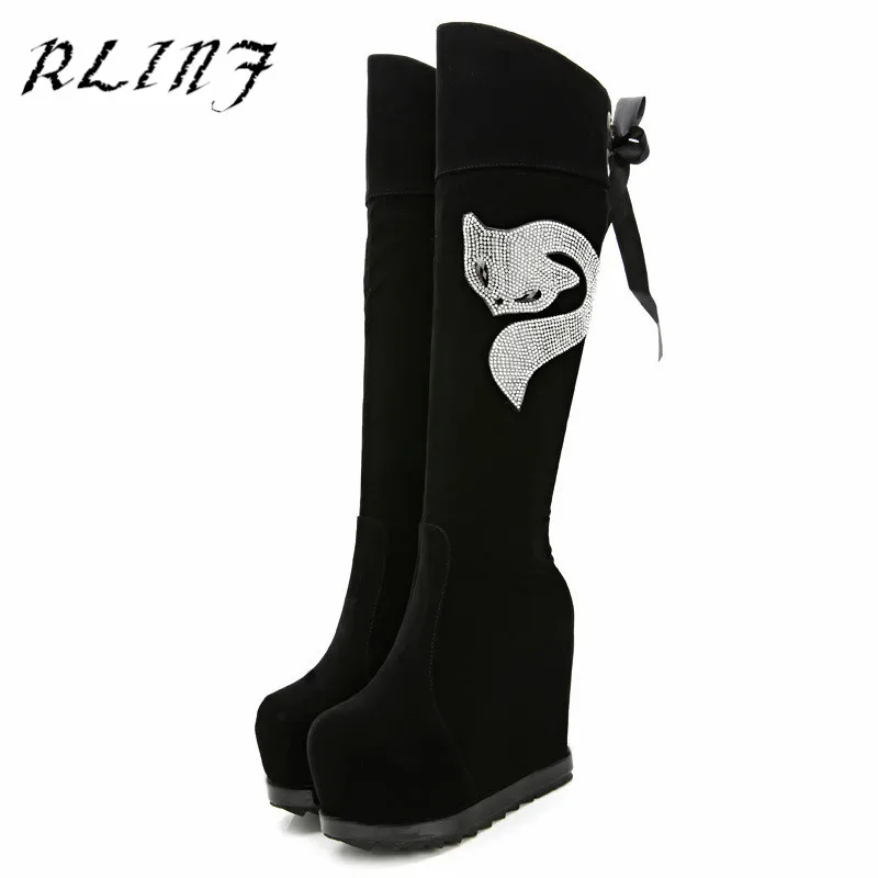 De Femmes À 2018 Automne Nouvelles Rlinf Martin Wedge Mat Strass Bottes Renard Et Augmenté L'intérieur Noir D'hiver Du HEY2IeD9bW