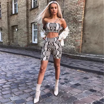 

2019 Summer Women Tube Top Women's +Bodycon Shorts Snake Print Short Sports Jumpsuit Club Sexy 2 Piece Set Outfits Ladys Suit