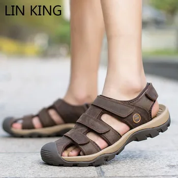 

LIN KING Classic Man Sandals 2020 Summer Lightweight Shoes Fashion Genuine Leather Rome Gladiator Sandals Beach Shoes For Male