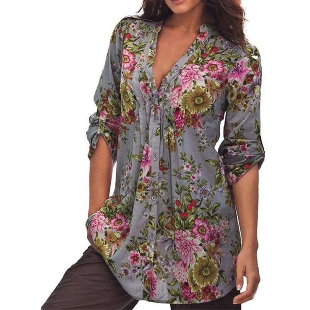 2018 moda Mujer blusas más tamaño S-3XL Womens Vintage Floral impresión v-cuello túnica Tops otoño Mujer Ropa Mujer 2018 moda Mujer blusas más tamaño S-3XL Womens Vintage Floral impresión v-cuello túnica Tops otoño Mujer Ropa Mujer