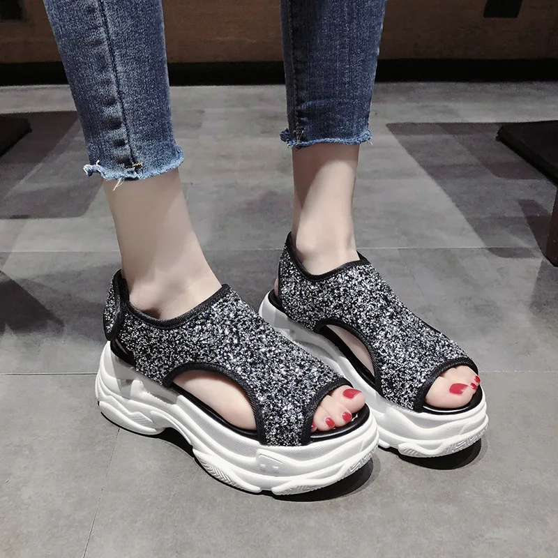 Women Sports Sandals 2019 Woman Platform Glitter Chunky Sandals Shoes Fashion Brand Wedges High 6 cm Blingbling Sandals SP-51 Women Sports Sandals 2019 Woman Platform Glitter Chunky Sandals Shoes Fashion Brand Wedges High 6 cm Blingbling Sandals SP-51