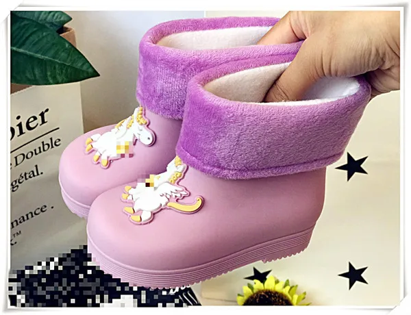 Детские осенне-зимние непромокаемые сапоги; модная детская водонепроницаемая обувь с единорогом; детские сапоги для девочек; зимние плотные SH19072 - Цвет: Purple pink thick