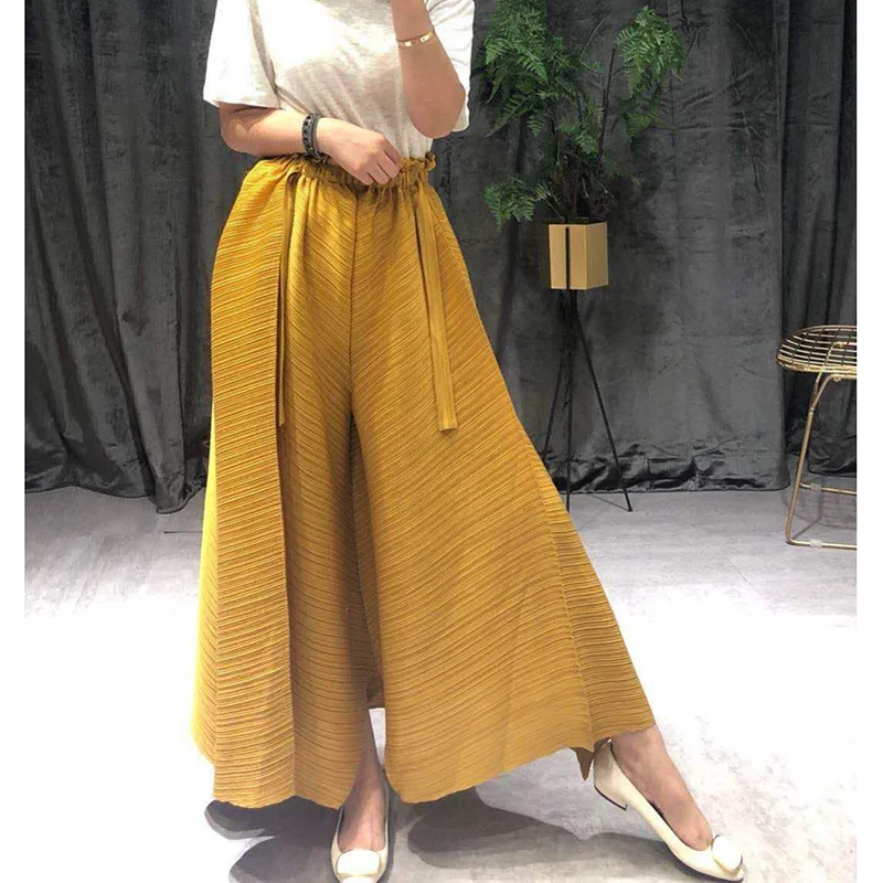 

LANMREM 2019 Spring Summer Pelated Clothes For Elastic Waist Directly Trousers Bandage Causal Irregular Wide Leg Pants YH362
