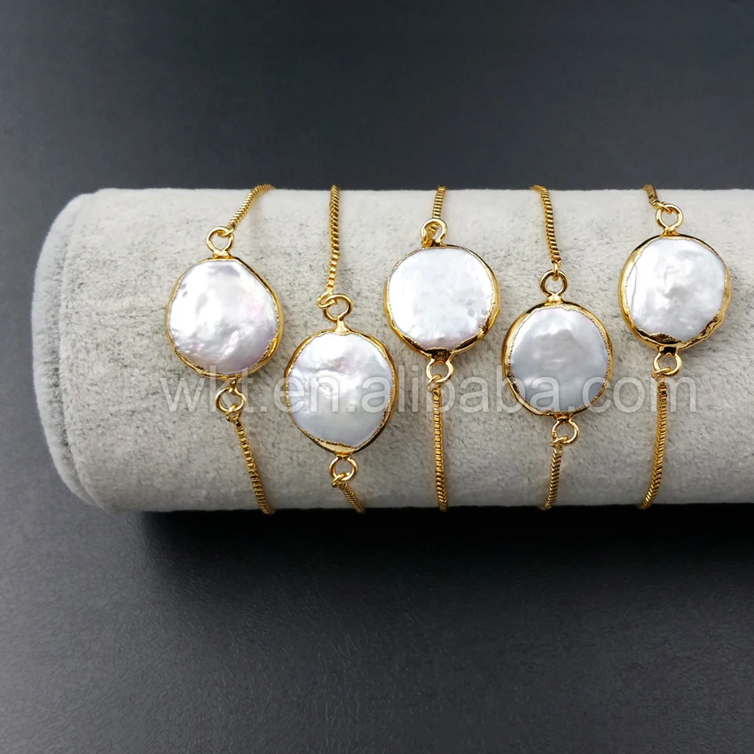 Natural de Pérola Pulseira em Tamanho Hotsales Pulseira Ouro Mergulhado Redondo Pérola Corrente Ajustável Wt-b306 Mãe 24k