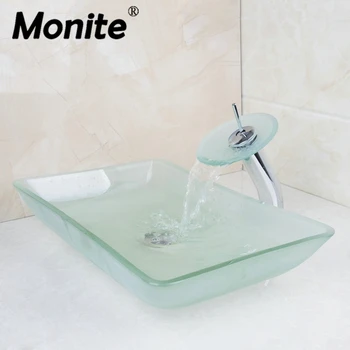 

Big Square Washbasin Lavatory Tempered Glass Sink +Bathroom Waterfalll Glass Chrome Faucet Combine Brass Faucet,Mixer Tap