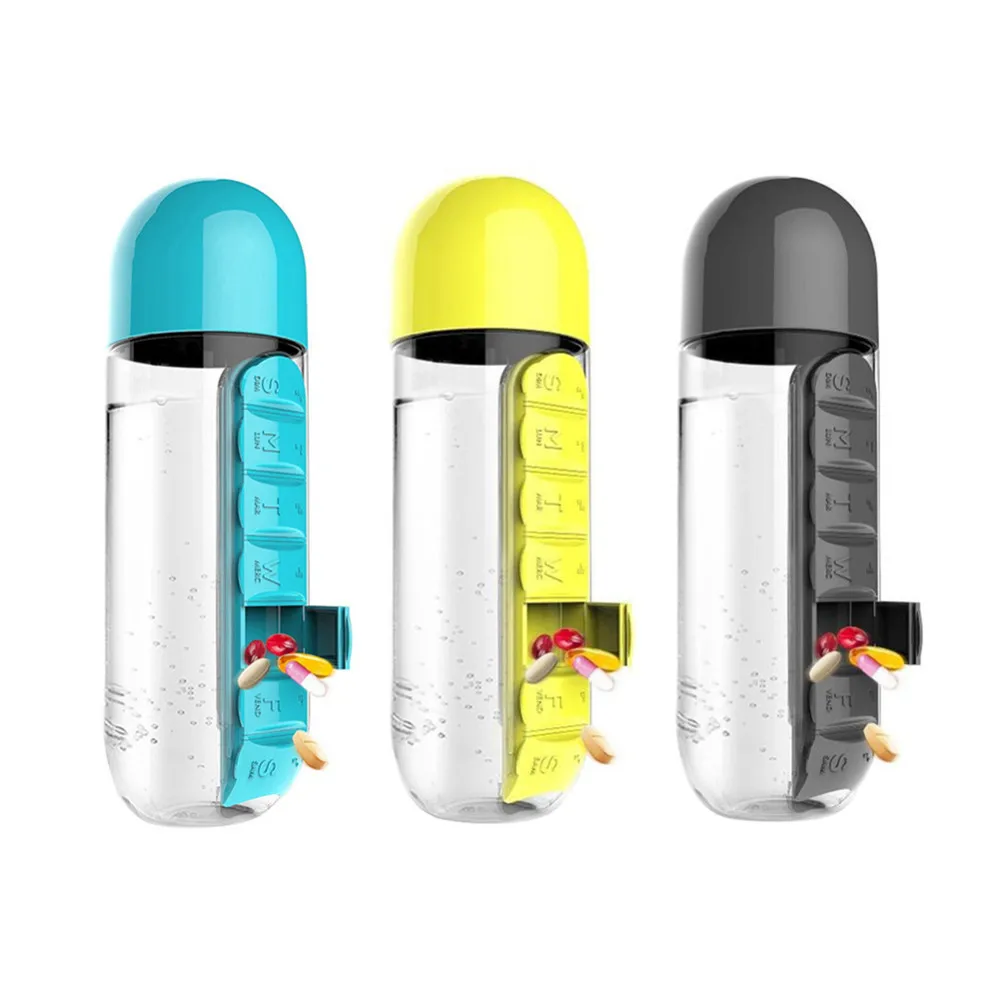 

1pc 600ML Plastic Water Bottle With Daily Pill Box Organizer Leak-Proof Drinking Bottles Sports Tour Hiking Outdoor Bpa Free B4