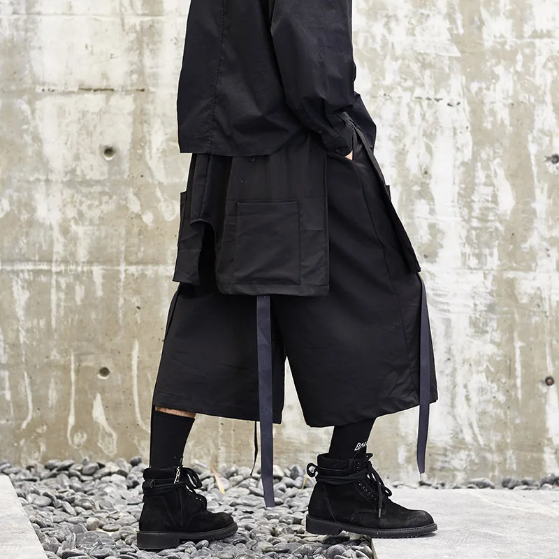 Для мужчин в японском стиле уличная одежда кимоно Юбка Брюки мужские свободные повседневные широкие брюки панк готика хип хоп ленты шаровары
