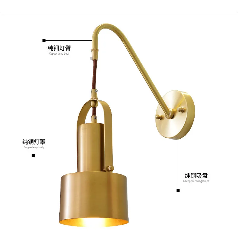 Minimalist copper brass wall light lamp LED bedside toilet bathroom reading wall light LED sconce modern simple gold wall light