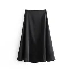 Шелковая атласная юбка с высокой талией шикарная Черная Женская Блестящая Юбка-миди А-силуэта 2019 элегантная женская одежда Saia Femme