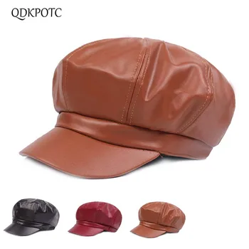 

QDKPOTC 2018 Pu Leather Berets Octagonal Cap For Women Winter Keep Warm Female Fashion Autumn Winter Berets Painter Hat