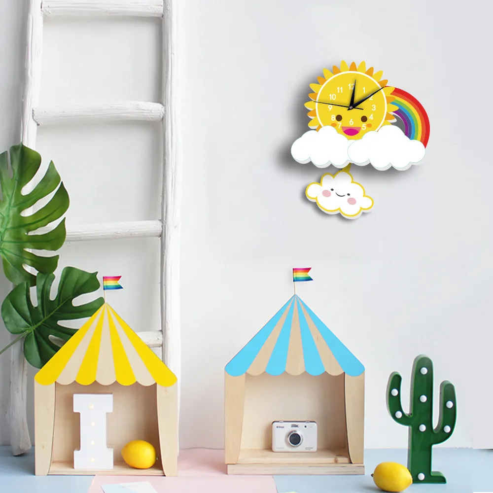 Милое солнцезащитное кольцо с радугой внутри Наклейка на стену в форме часов декоративные креативные маятниковые часы с животными для детской спальни и т. Д
