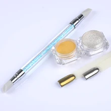 Лидер продаж сверкающих цвета: золотистый, серебристый зеркальный блеск порошок гель для ногтей комплект с резным орнаментом Силиконовые ногтей кисть с ручкой для маникюра украшения