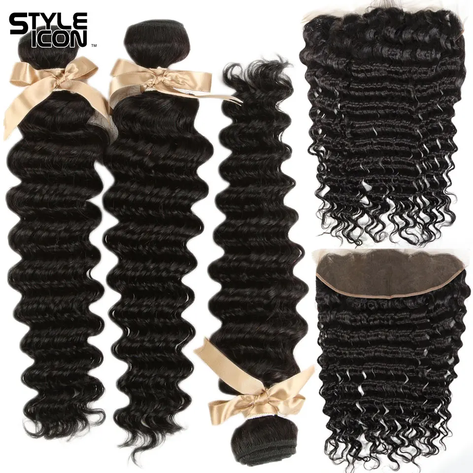 

STYLEICON Malaysian Deep Curly Bundles with Frontal Non-Remy Hair Bundles with Frontal Closure 3 Bundles Deep Wave with Frontal
