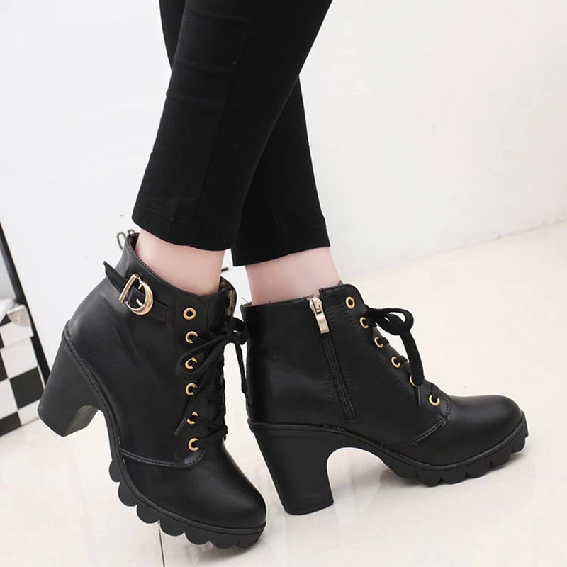 boots women 2018 New Winter Women Boots High Quality Solid Lace-Up European Ladies Shoes Woman Leather Fashion Women High Boots