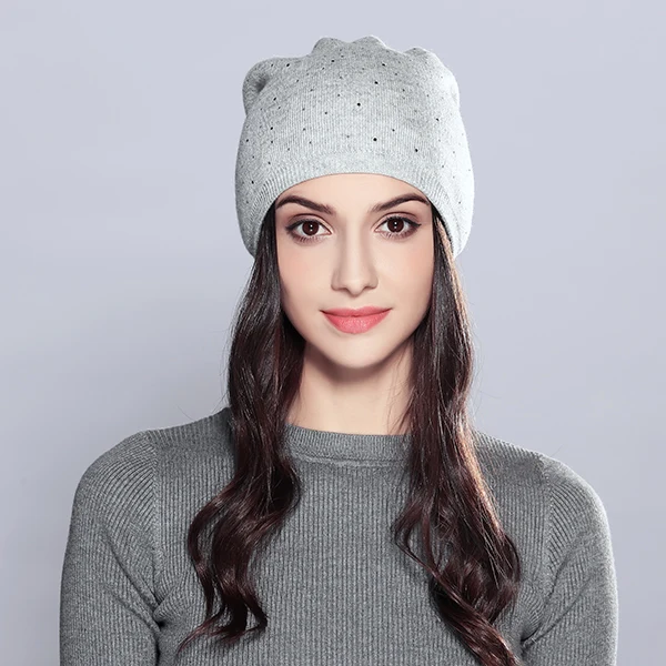 Зимние шерстяные женские осенние модные брендовые новые теплые двухслойные меховая женская шапка со стразами шапки# MZ706 - Цвет: Light Gray