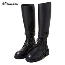 Mcacchi/Новинка; сапоги до колена на шнуровке с пряжкой; женская кожаная зимняя обувь на низком квадратном каблуке и плоской подошве; два способа носки; рыцарские сапоги в байкерском стиле