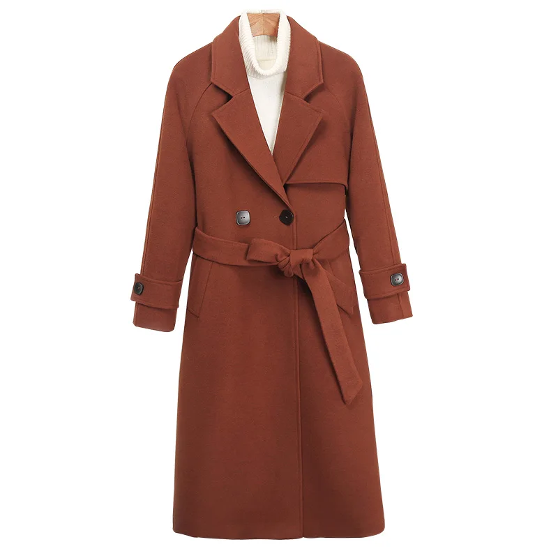2018 Autumn Winter Women Wool Overcoat Long Belt Solid Slim Cashmere