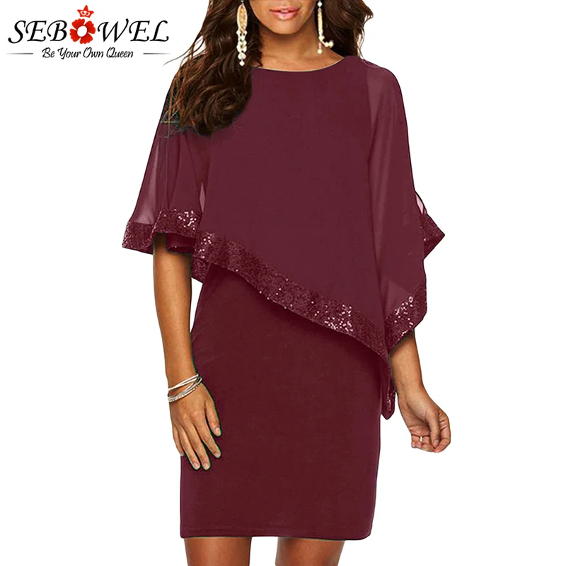 

SEBOWEL Sexy Burgundy Sequin Party Dress Women New Sleeveless Mesh Poncho Club Dress Mini Elegant Office Lady Bodycon Work Dress