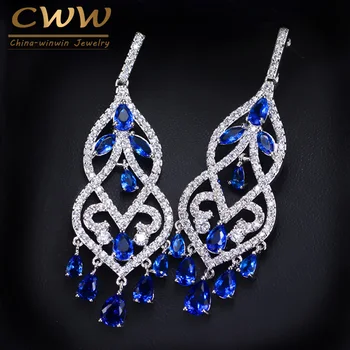 

CWWZircons European Blue Cubic Zirconia Crystal Tassel Dangle Drop Long Chandelier Earring Wedding Prom Jewelry For Women CZ116