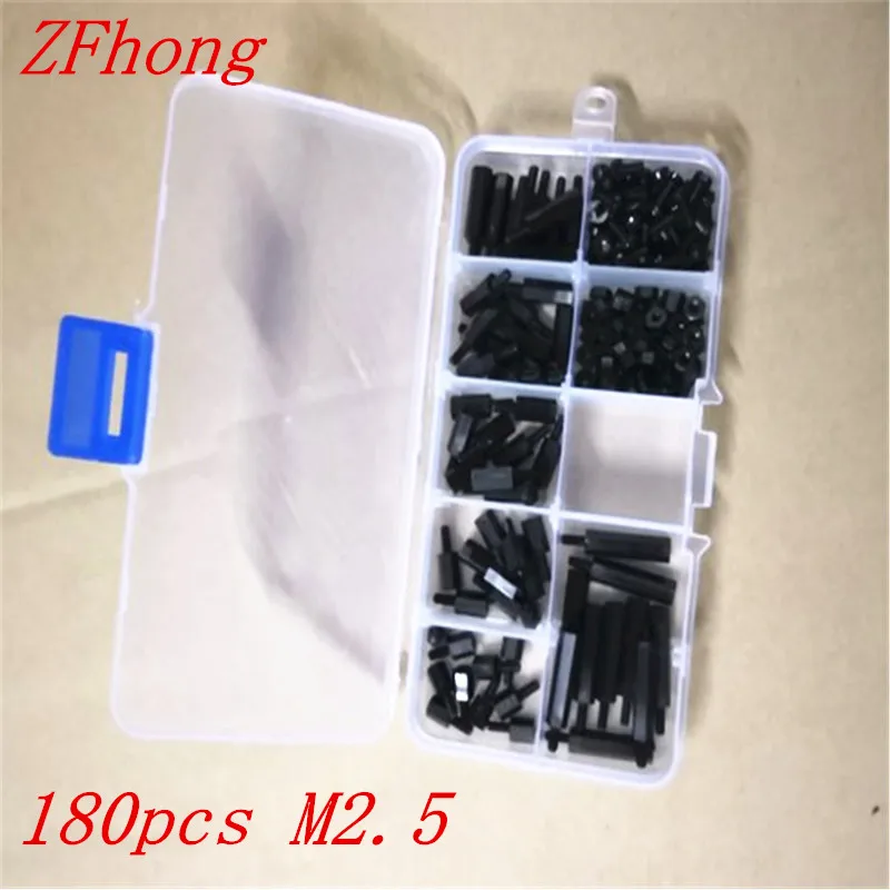 

180pcs/lot M2.5 nylon standoff kit Male to Female M2.5*6/8/10/12/15/20+6 black Nylon Standoff Spacer kit