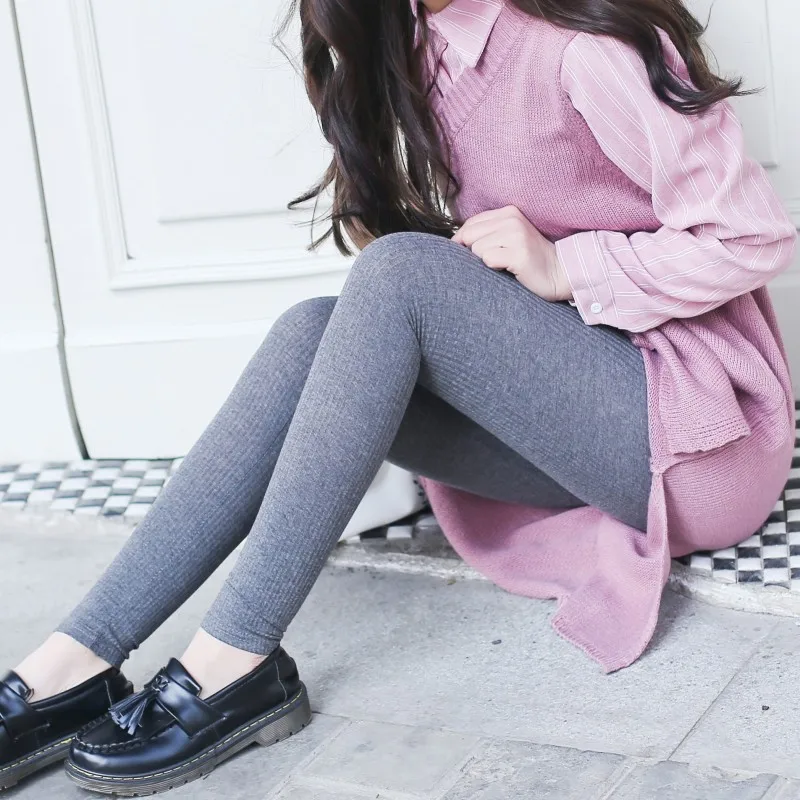 

Solid Leggings Women Autumn Streetwear Preppy Style Stretchy Rib Cotton Stitch Knitted Elastic Waist Black Gray White B88392