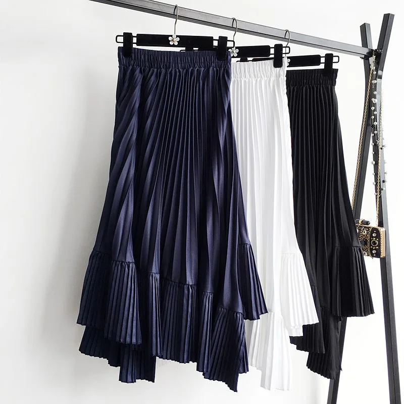 

2019 Summer Women Midi Skirts Bottom Korean Ruffles Ladies Solid Black White High Waist Flare Pleated Skirt For Women Female