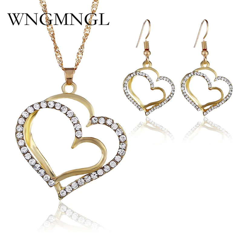 

WNGMNGL 2018 Female Jewelry Set New Elegant Lovely Heart Crystal Drop Earrings Necklace Set Gold Color Fashion Wedding Jewelry