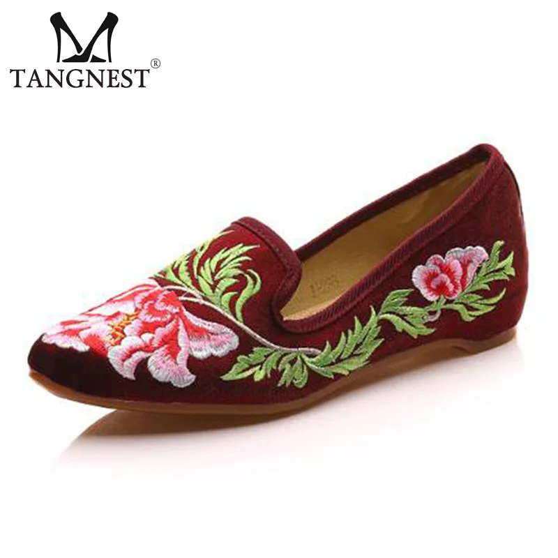 

Tangnest Vintage Embroider Ballerina Flats Women NEW Autumn Velvet Flower Slip-on Flats Casual Hemp Shoes Big Size 35~41 XWD6105