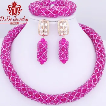 

2018 Newest Hot Pink African Nigerian Bridal Wedding Jewelry Set Sexy Chunky Necklace Sets Indian Jewelry Accessories Fashion