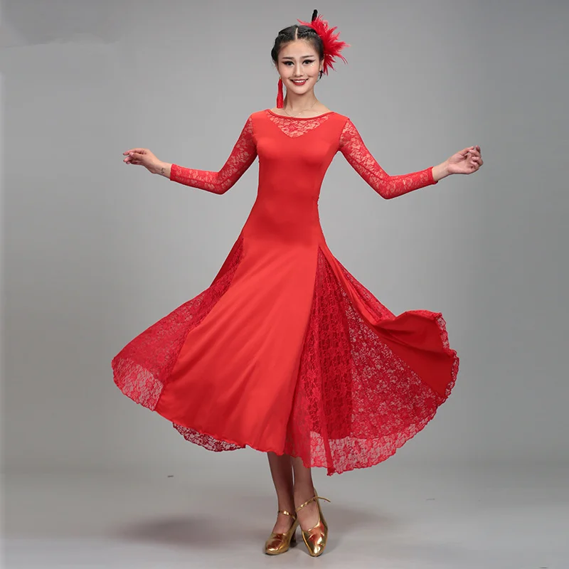 Sexy Lace Mesh Long Sleeve Ballroom Dance Costume Clothes Women Standard Ballroom Dancing Dresses