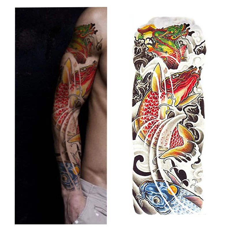 

1 Sheet Lucky Totem Big Large Full Arm Tattoo Sticker Carp leap Flower Skull Waterproof Body Art Temporary Fake Tattoo