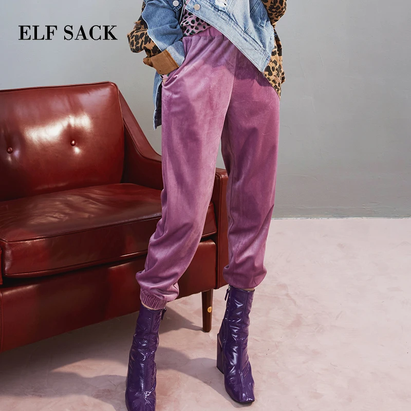 Beste ELF zak Herfst Nieuwe Paars Vrouw Broek Straight Solide Toevallige Vrouwen Enkellange Broek Geweven Elastische Taille Femme Broek