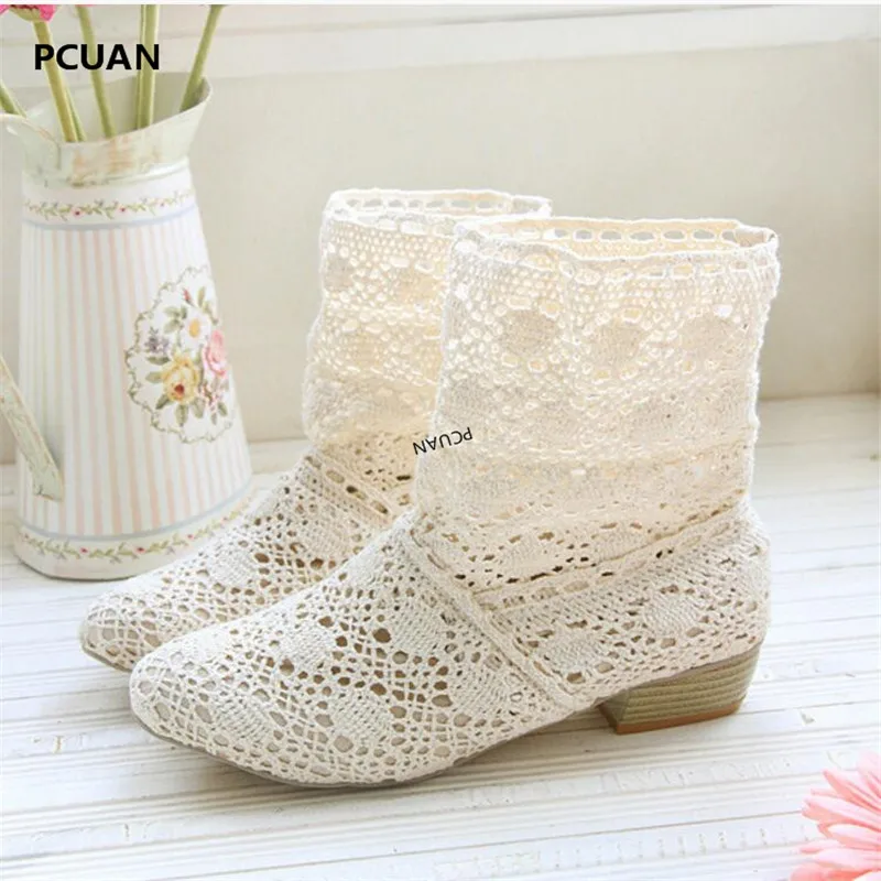 

Fashion mesh women's boots 2018 spring and summer lace openwork short boots ladies large size 34-43 hollow shoes