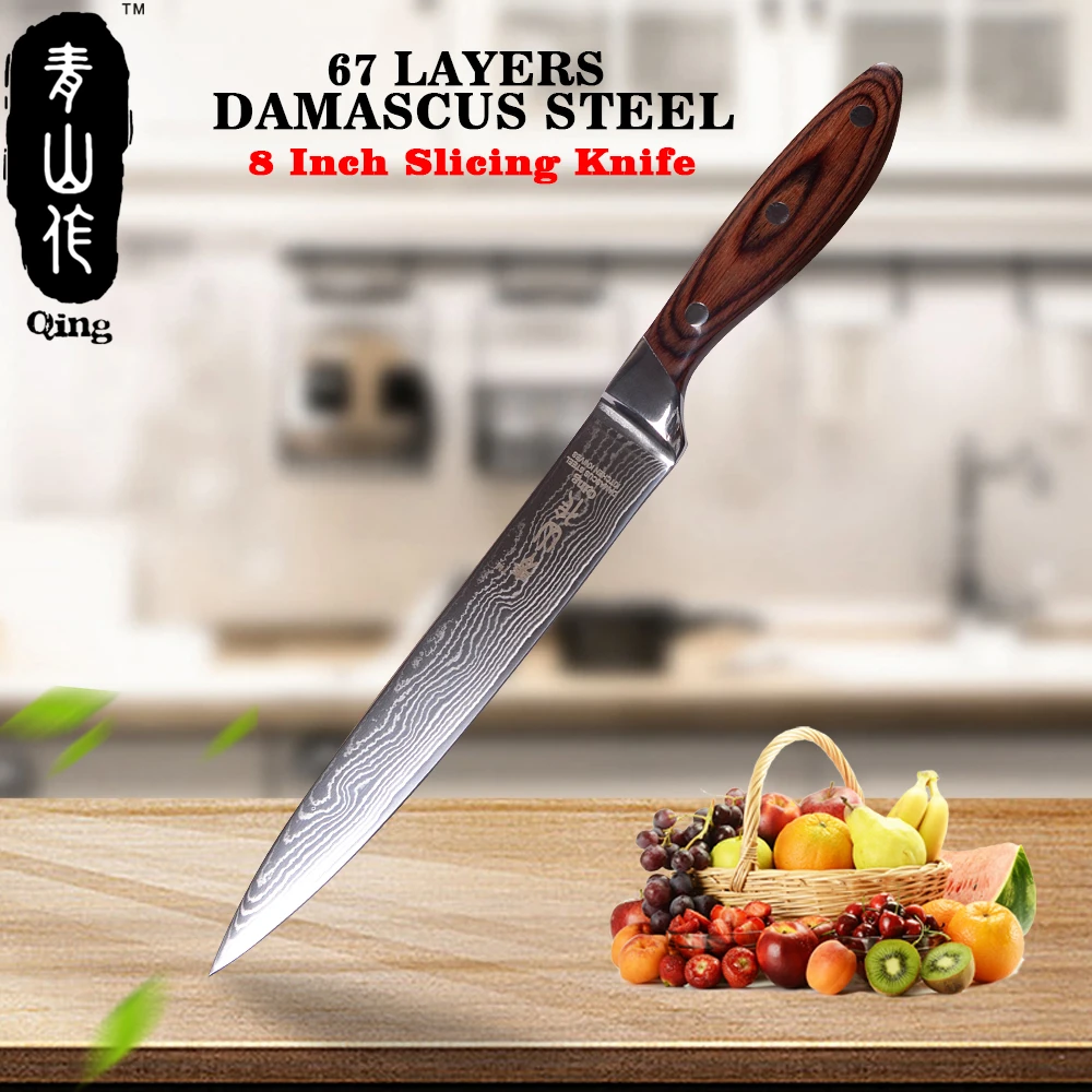 

QING 8" Japanese Damascus Knife VG10 Damascus Steel Cooking Tool Black Color Wood Handle Kitchen Knife Very Sharp Slicing Knife