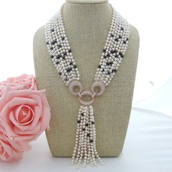 

N071408 18" 8 Strands White Pearl Onyx Necklace CZ Pendant